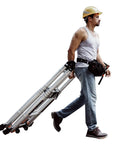 Man carrying a Heavy Duty Telescoping Extension Ladder, Portable Folding Aerial Work Rig With Smooth Rolling Wheels for home maintenance.