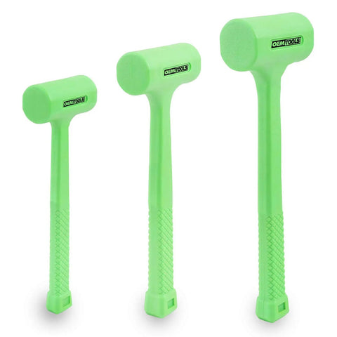 Three Piece Dead Blow Hammer Set With Non Marring Mallets Weighing One Half Pound One Pound And Two Pound Steel Shot Filled