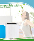 Blue Pure 211 Plus True HEPA Replacement Filter 2 Pack shown with air purifier and woman enjoying fresh air indoors