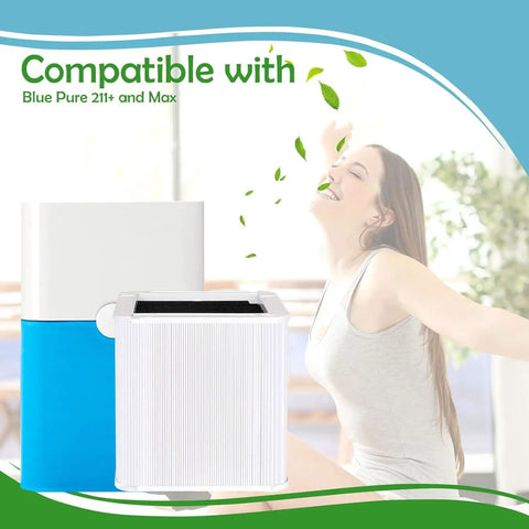 Blue Pure 211 Plus True HEPA Replacement Filter 2 Pack shown with air purifier and woman enjoying fresh air indoors