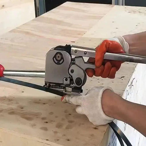 3 in 1 Steel Strapping Tool For Five Eighths And Three Quarters Inch Straps Buckle Free Baler Sealless Tensioner Crimper And Cutter in use