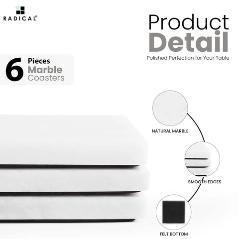 Solid White Square Marble Coasters Set Of Six, Polished Drink Pads For Dining Tables And Coffee Bars, Legit Natural Stone Home Accessories With Modern Minimalist Vibes stacked with smooth edges and felt bottom.