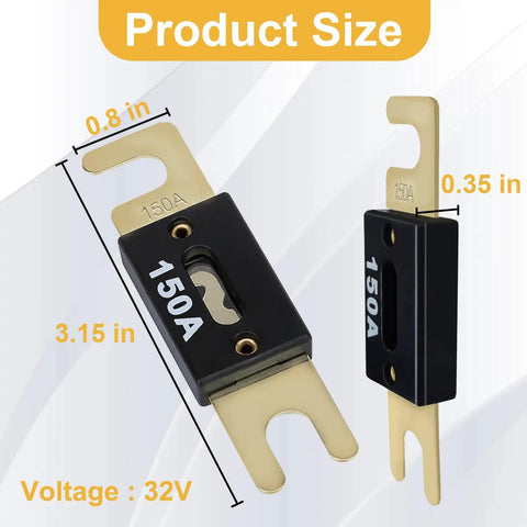3 Pack Premium 250 Amp ANL Blade Fuse Heavy Duty Automotive and Marine Electrical Protection, measures 3.15 in, 150A voltage
