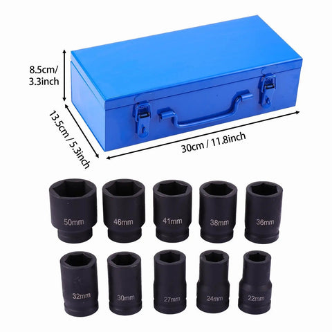 Huge 10 Piece Deep Impact Socket Set With 1 Inch Drive And Steel Construction Perfect For Gnarly Automotive Jobs Or Heavy Industrial Fixes Comes With Neat Blue Storage Box To Keep Tools Snug, blue case and 10 sockets 22-50mm