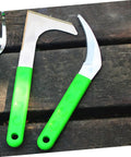 Two tools from the 6 Piece Gardening Scythe Set All In One Hand Tools For Weeding Grass Cutting And Lawn Care with green handles.