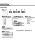 SGMJV servo motor model designation chart without gears; shows 50–750 W power codes and option tables.