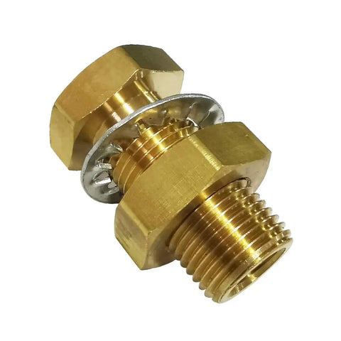 Quarter Inch NPT Female Brass Bulkhead Tank Fitting One And Half Inch Length Pack Of Two Beefy Heavy Duty Bulkhead Couplings With Washer And Nut For Airtight Seal 1200 PSI Max From Minus Sixty Five To Two Hundred Fifty Fahrenheit Corrosion Resistant, brass fitting