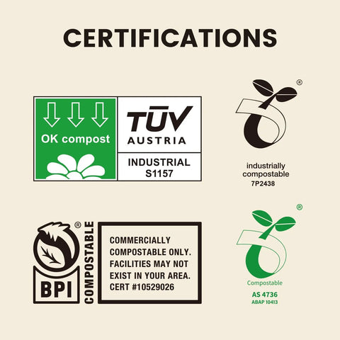 Certifications for Heavy Duty 13 Gallon Compostable Kitchen Trash Bags showing compostability logos and standards.