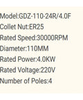 Heavy Duty 4.0KW Water Cooled Spindle With Rock Solid Alloy Housing And Screaming Fast 30000 RPM Speed Built For CNC Router Tools details showing model, specifications, and power ratings.