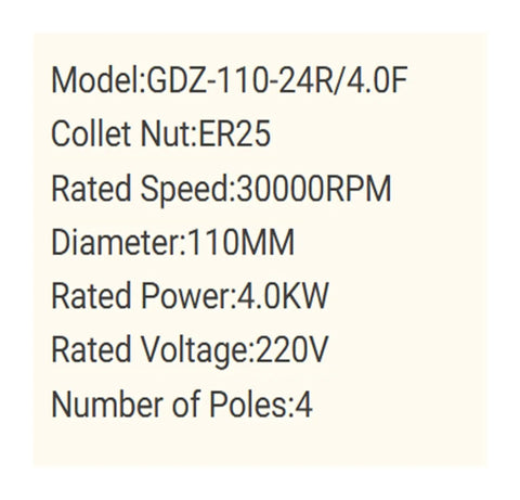 Heavy Duty 4.0KW Water Cooled Spindle With Rock Solid Alloy Housing And Screaming Fast 30000 RPM Speed Built For CNC Router Tools details showing model, specifications, and power ratings.