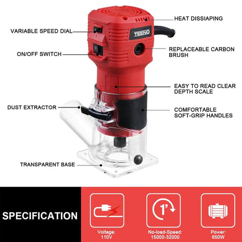 Beast 650W 110V wood router with 6 variable speeds, ergonomic handle, clear depth scale, dust extractor, and transparent base.