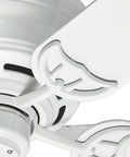 Close-up of Low Profile 52 Inch White Ceiling Fan With Pull Chain, Quiet Multi Speed Reversible Motor, Classic Dope Design For Living Rooms.