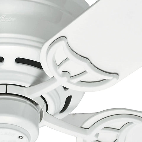 Close-up of Low Profile 52 Inch White Ceiling Fan With Pull Chain, Quiet Multi Speed Reversible Motor, Classic Dope Design For Living Rooms.