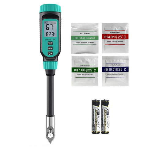 Soil pH Tester With High Accuracy Digital pH Meter and LCD display with calibration powders and batteries shown