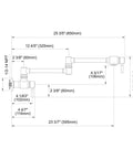 Technical drawing of pot filler wall mounted faucet with double jointed swing arm and two lever handles in brass, 23.4 inch reach.