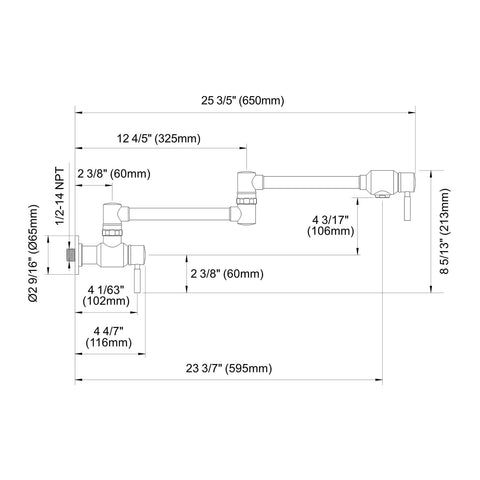 Technical drawing of pot filler wall mounted faucet with double jointed swing arm and two lever handles in brass, 23.4 inch reach.