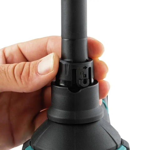 Close-up of 18V Brushless Cordless Blower And Inflator Tool Only With 447 MPH Air nozzle and hand adjusting it, focus on locking mechanism.