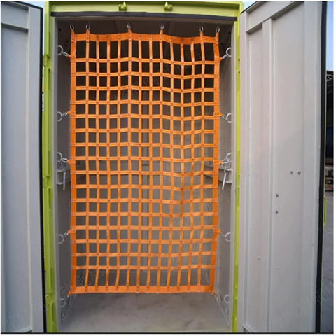 Flat nylon sling hoisting net, orange, 10 cm square mesh, installed inside container for lifting heavy loads