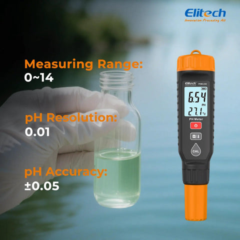 Pro pH Pen Meter With Temperature Sensor, ATC, And Full Calibration Kit showing 6.54 pH and 27.1°C beside a test tube with liquid