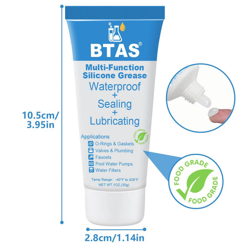 Tube of food-grade silicone grease labeled for faucets and O-rings, 1 oz size, NSF approved, used for waterproof sealing and lubrication.