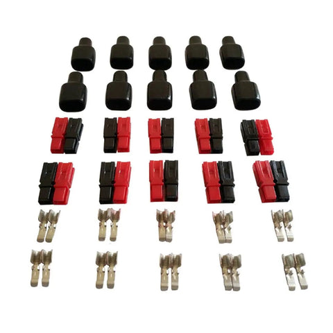 45A Quick Connect Battery Connector Kit For Modular Power Wiring And Quick Disconnects 10 Pair Set Compatible With AWG 10 12 14 600V Rated Heavy Duty High Current Battery Terminals For Auto Marine Solar DIY Projects., black and red connectors with metal contacts