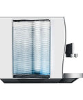 Slick Smart Fully Automatic Coffee Center With Dope Hot And Cold Brew Options Ai Powered Touchscreen Wifi App Control Integrated Grinder Diamond White Finish side view with glass water reservoir.