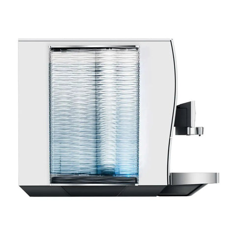 Slick Smart Fully Automatic Coffee Center With Dope Hot And Cold Brew Options Ai Powered Touchscreen Wifi App Control Integrated Grinder Diamond White Finish side view with glass water reservoir.