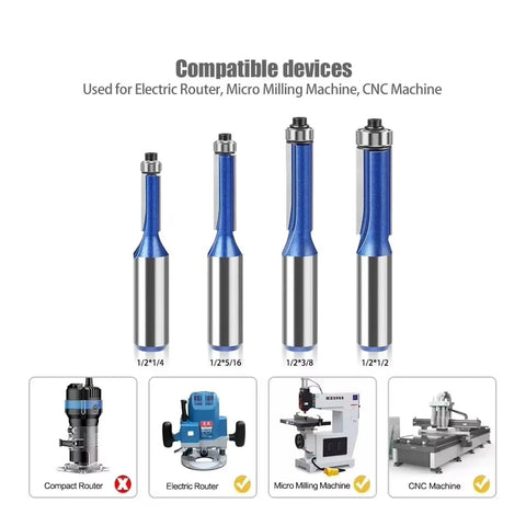 Super Cool Extended Trimming Router Bit For Pros With 12mm Or Half Inch Shank and smooth cutting edges, compatible with routers and CNC machines.