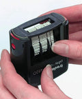 No Hassle Self Inking Date Stamp for Quick Document Dating showing adjustable date wheels and hands adjusting settings.