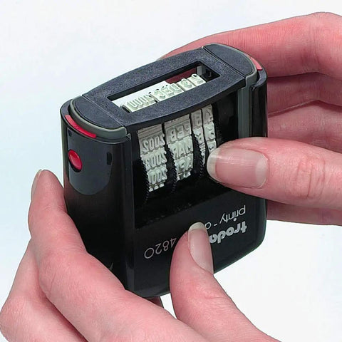 No Hassle Self Inking Date Stamp for Quick Document Dating showing adjustable date wheels and hands adjusting settings.