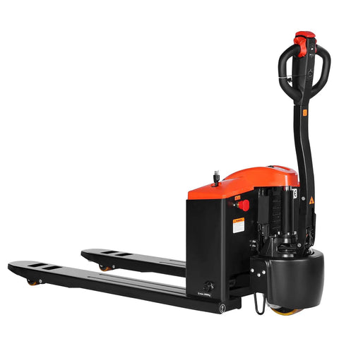 VEVOR Electric Pallet Jack Truck with 27x48 in steel forks, showing control handle and battery compartment, ideal for warehouses.