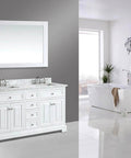 Modern bathroom with white double vanity, large mirror, and freestanding bathtub in bright, minimalist setting.