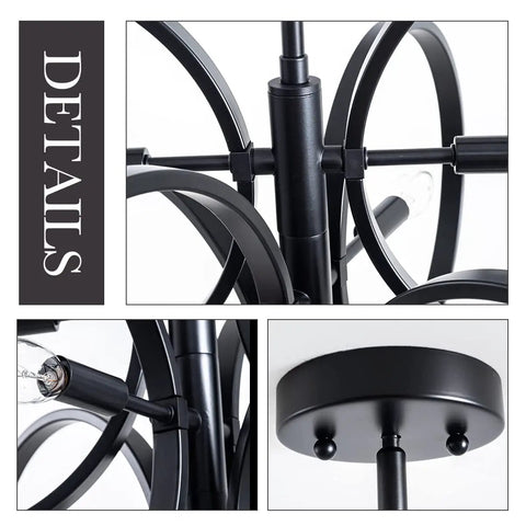 Close-up of Contemporary Black Sputnik Chandelier Ceiling Light 6 Light Mid Century Geometric Circle Pendant details.