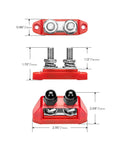 Heavy Duty 250A Bus Bar Power Distribution Block With Dual 3/8 Stud Terminals Designed For 12V To 48V DC Sets, red, nickel plated, dimensions shown.