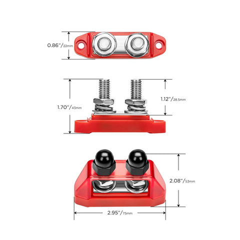 Heavy Duty 250A Bus Bar Power Distribution Block With Dual 3/8 Stud Terminals Designed For 12V To 48V DC Sets, red, nickel plated, dimensions shown.