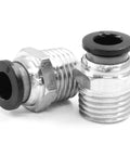 Close-up of Push To Connect Fittings 6mm Tube OD To 1 Quarter Inch NPT Male Quick Connect Pneumatic Air Hose Fittings, copper with nickel plating.