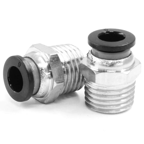 Close-up of Push To Connect Fittings 6mm Tube OD To 1 Quarter Inch NPT Male Quick Connect Pneumatic Air Hose Fittings, copper with nickel plating.