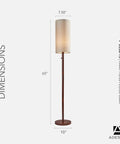 Walnut Wood Floor Lamp With Beige Linen Shade For Cozy Home Vibes, Mid Century Modern Style, 65 Inch Tall, Product Dimensions Shown