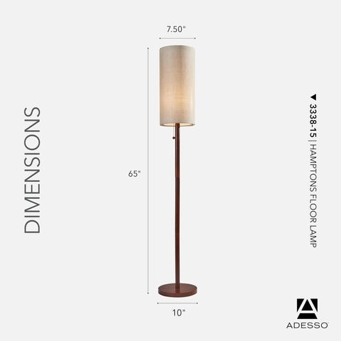 Walnut Wood Floor Lamp With Beige Linen Shade For Cozy Home Vibes, Mid Century Modern Style, 65 Inch Tall, Product Dimensions Shown
