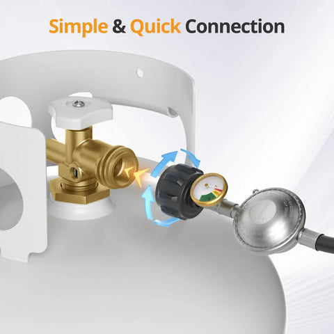 Five Foot Propane Regulator Hose With Gauge For Griddles And Grills Replacement Part showing connection to propane tank