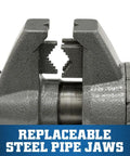 Replaceable pipe jaws of Workhorse Bench Vise With Five and a Half Inch Jaw Five Inch Opening Two and Three Quarter Inch Throat 360 Degree