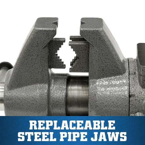 Replaceable pipe jaws of Workhorse Bench Vise With Five and a Half Inch Jaw Five Inch Opening Two and Three Quarter Inch Throat 360 Degree