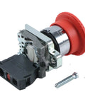 Straight Up Heavy Duty Emergency Stop Push Button Switch Paired With 1NC Contact Block features durable metal and plastic construction.