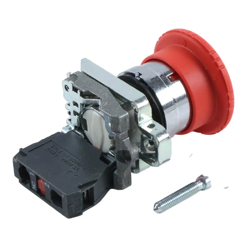 Straight Up Heavy Duty Emergency Stop Push Button Switch Paired With 1NC Contact Block features durable metal and plastic construction.