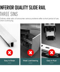 Comparison of inferior quality slide rail showing easy to break, weak load-bearing, and easy to rust issues