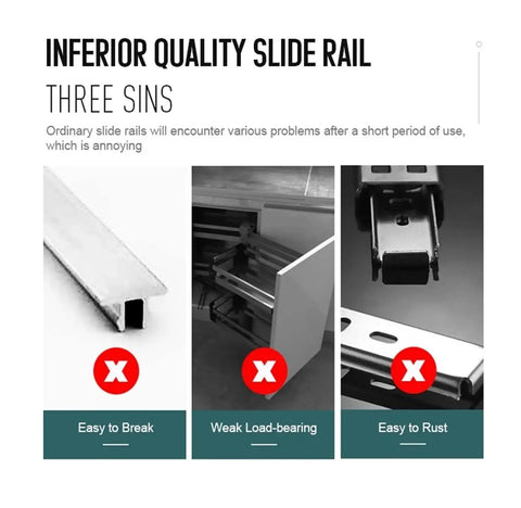 Comparison of inferior quality slide rail showing easy to break, weak load-bearing, and easy to rust issues