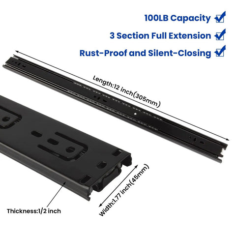 Heavy Duty Full Extension Ball Bearing Drawer Slides 12 To 24 Inch Side Mount Rails With 100 Lb Capacity Anti Corrosion Black Finish