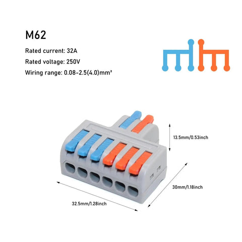 Snazzy Mini Push In Wire Splitter Terminal Block With 10 Pieces For Instant Tool Free Splicing Of Solid Stranded And Flexible Copper Conductors In Home Wiring And Led Projects Featuring Tin Plated Contacts And Flame Retardant PA66 Housing Rating For. M62 32A 250V mini push wire block, 32.5mm