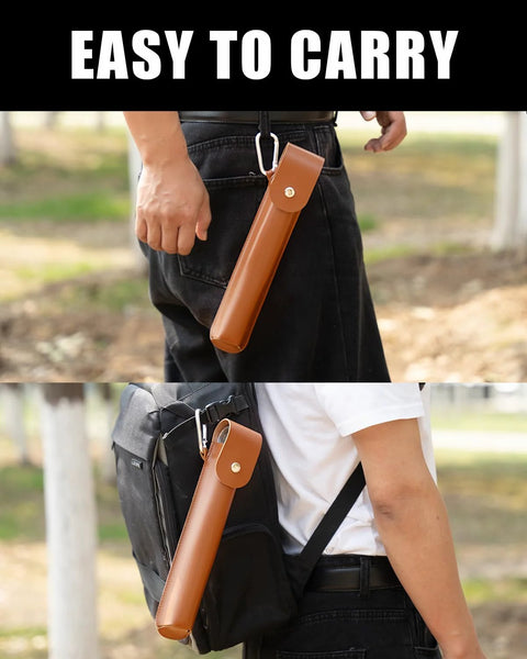 Hand auger in brown leather sheath clipped to belt beside a backpack.