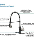 Dual Finish Kitchen Faucet In Black And Brushed Nickel With Pull Down Sprayer And Three Spray Modes, showing features and design.